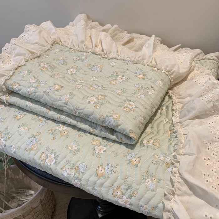 91家纺网 家纺一手货源 找家纺 莱豫家纺 2025春夏新款纯棉全棉花边款床盖三件套 花语绿