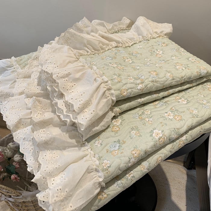 91家纺网 家纺一手货源 找家纺 莱豫家纺 2025春夏新款纯棉全棉花边款床盖三件套 花语绿