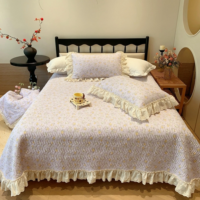 莱豫家纺 2025春夏新款纯棉全棉花边款床盖三件套 花语紫