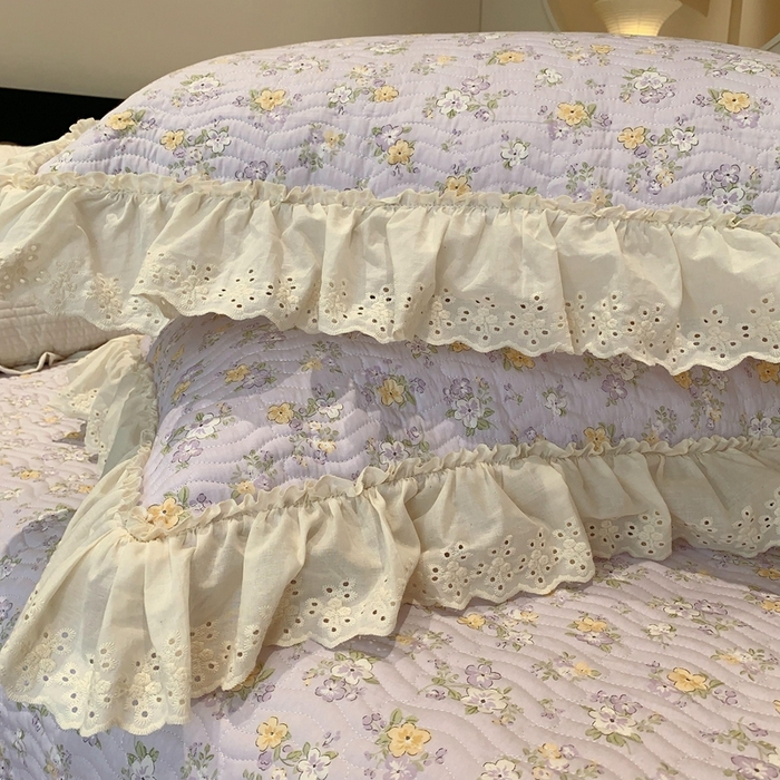 91家纺网 家纺一手货源 找家纺 莱豫家纺 2025春夏新款纯棉全棉花边款床盖三件套 花语紫