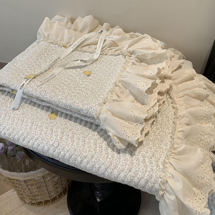 91家纺网 家纺一手货源 找家纺 莱豫家纺 2025春夏新款纯棉全棉花边款床盖三件套 柠檬