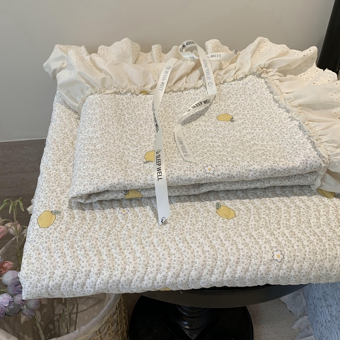 91家纺网 家纺一手货源 找家纺 莱豫家纺 2025春夏新款纯棉全棉花边款床盖三件套 柠檬