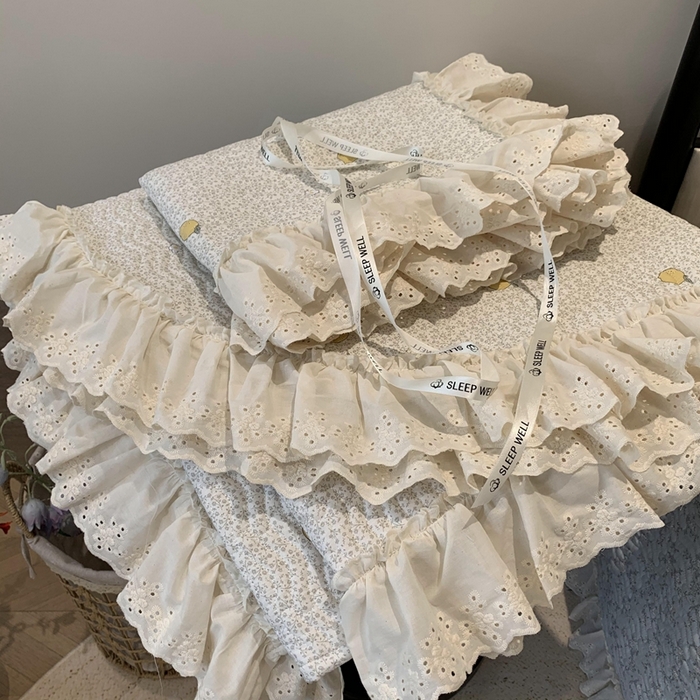 91家纺网 家纺一手货源 找家纺 莱豫家纺 2025春夏新款纯棉全棉花边款床盖三件套 柠檬