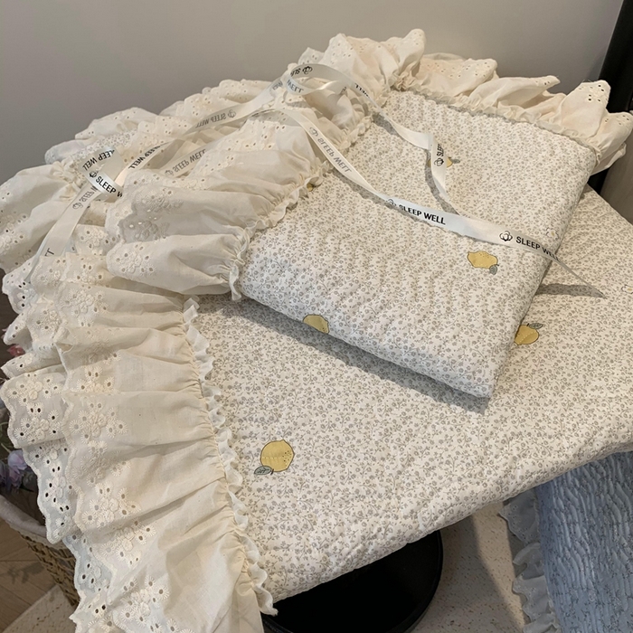 91家纺网 家纺一手货源 找家纺 莱豫家纺 2025春夏新款纯棉全棉花边款床盖三件套 柠檬