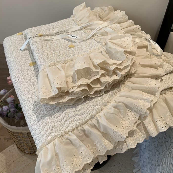 91家纺网 家纺一手货源 找家纺 莱豫家纺 2025春夏新款纯棉全棉花边款床盖三件套 柠檬