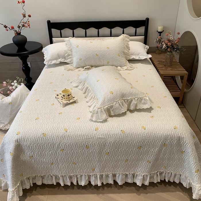 莱豫家纺 2025春夏新款纯棉全棉花边款床盖三件套 柠檬