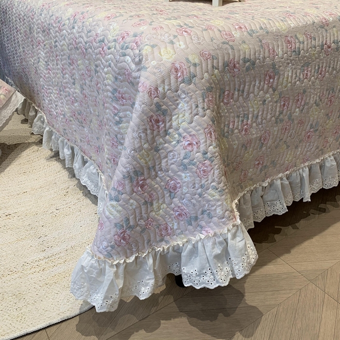 91家纺网 家纺一手货源 找家纺 莱豫家纺 2025春夏新款纯棉全棉花边款床盖三件套 蔷薇