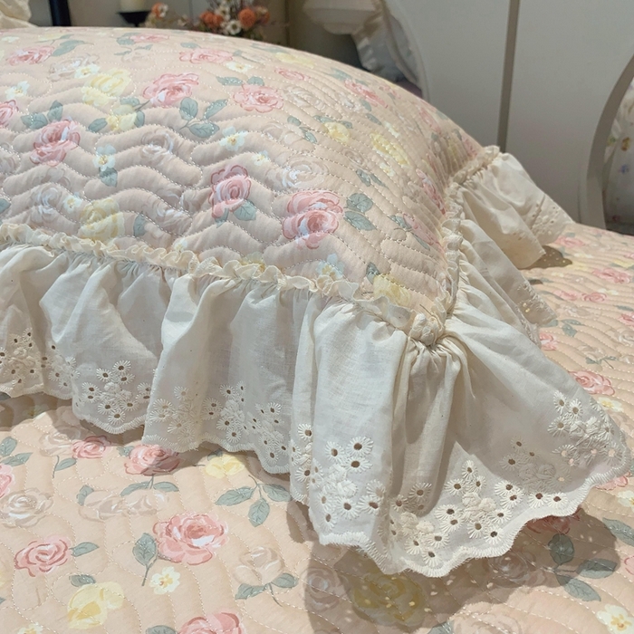 91家纺网 家纺一手货源 找家纺 莱豫家纺 2025春夏新款纯棉全棉花边款床盖三件套 蔷薇