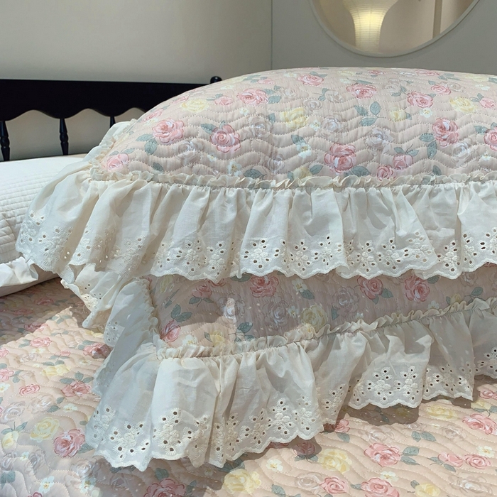 91家纺网 家纺一手货源 找家纺 莱豫家纺 2025春夏新款纯棉全棉花边款床盖三件套 蔷薇