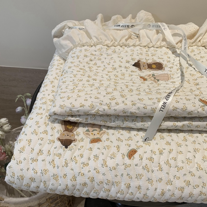 91家纺网 家纺一手货源 找家纺 莱豫家纺 2025春夏新款纯棉全棉花边款床盖三件套 西瓜兔