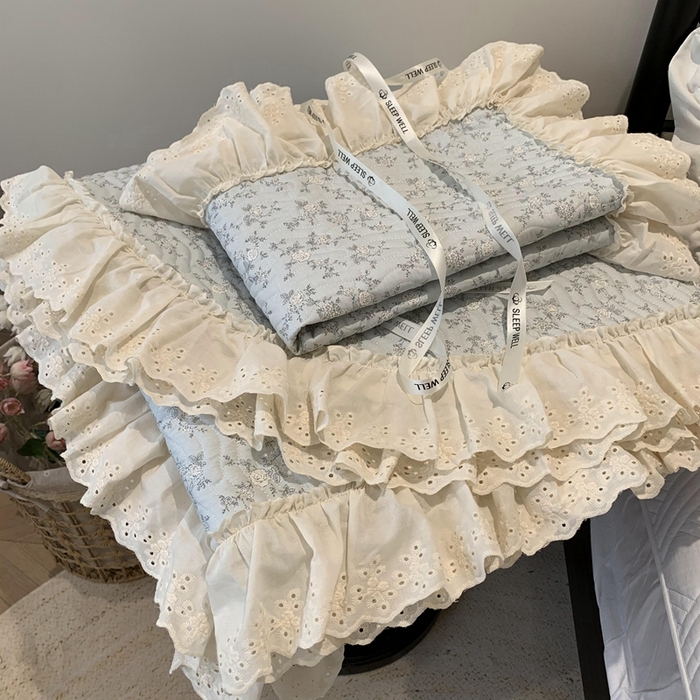 91家纺网 家纺一手货源 找家纺 莱豫家纺 2025春夏新款纯棉全棉花边款床盖三件套 夏蓝