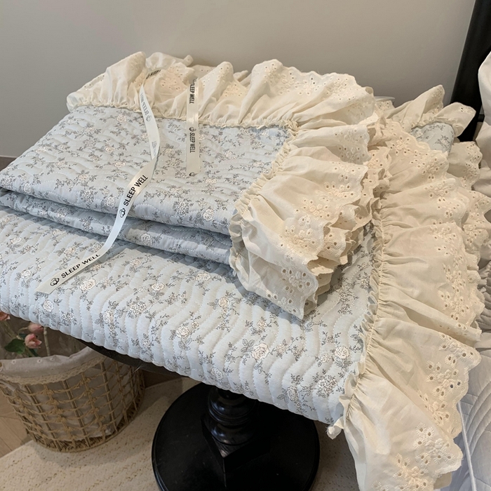 91家纺网 家纺一手货源 找家纺 莱豫家纺 2025春夏新款纯棉全棉花边款床盖三件套 夏蓝