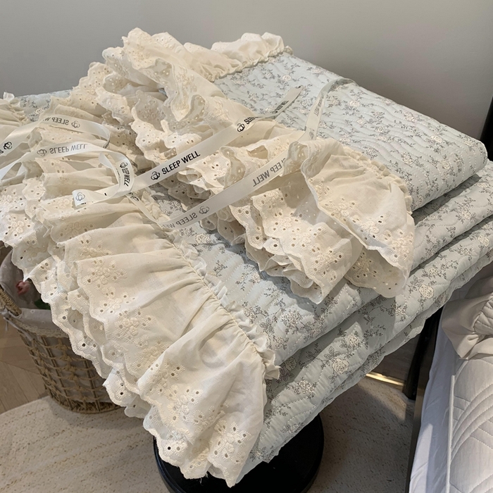 91家纺网 家纺一手货源 找家纺 莱豫家纺 2025春夏新款纯棉全棉花边款床盖三件套 夏蓝