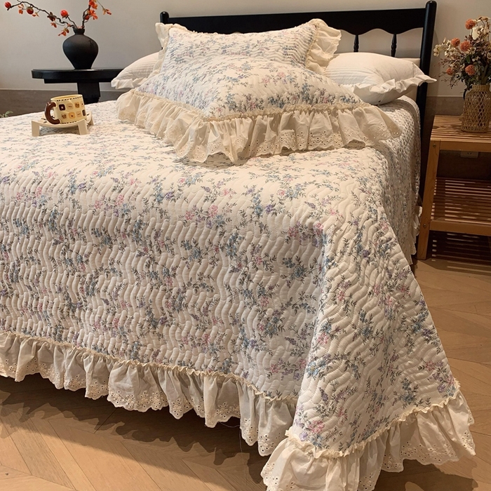 91家纺网 家纺一手货源 找家纺 莱豫家纺 2025春夏新款纯棉全棉花边款床盖三件套 夏梦