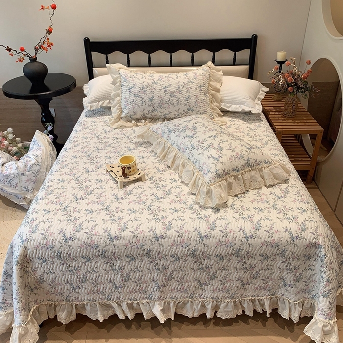 莱豫家纺 2025春夏新款纯棉全棉花边款床盖三件套 夏梦