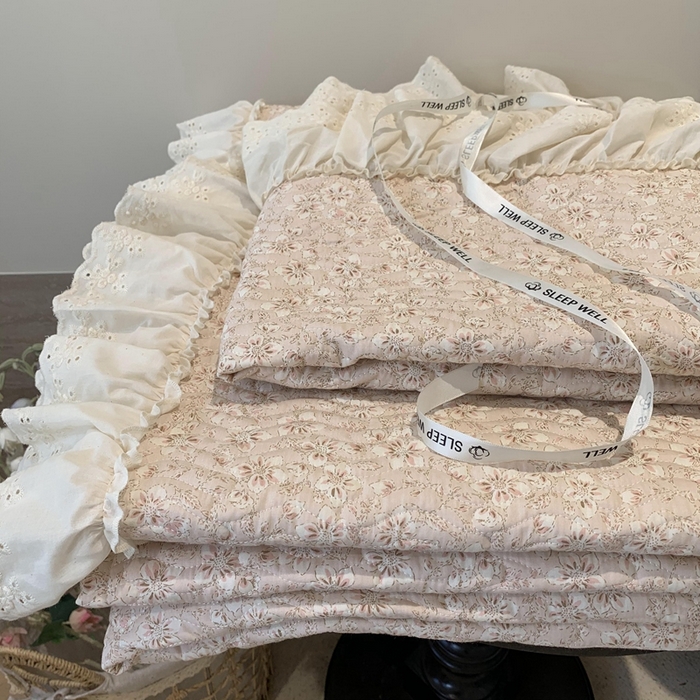 91家纺网 家纺一手货源 找家纺 莱豫家纺 2025春夏新款纯棉全棉花边款床盖三件套 樱花