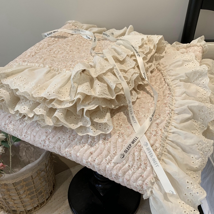 91家纺网 家纺一手货源 找家纺 莱豫家纺 2025春夏新款纯棉全棉花边款床盖三件套 樱花