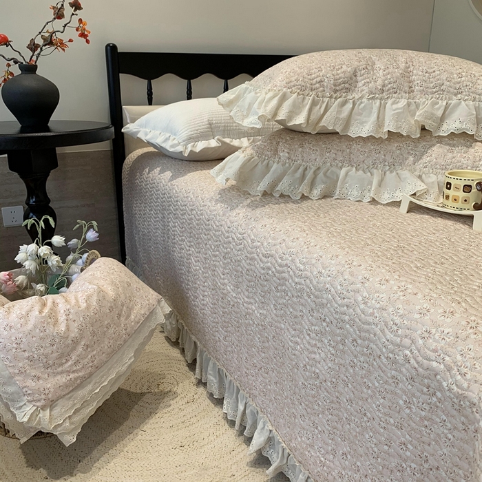 91家纺网 家纺一手货源 找家纺 莱豫家纺 2025春夏新款纯棉全棉花边款床盖三件套 樱花