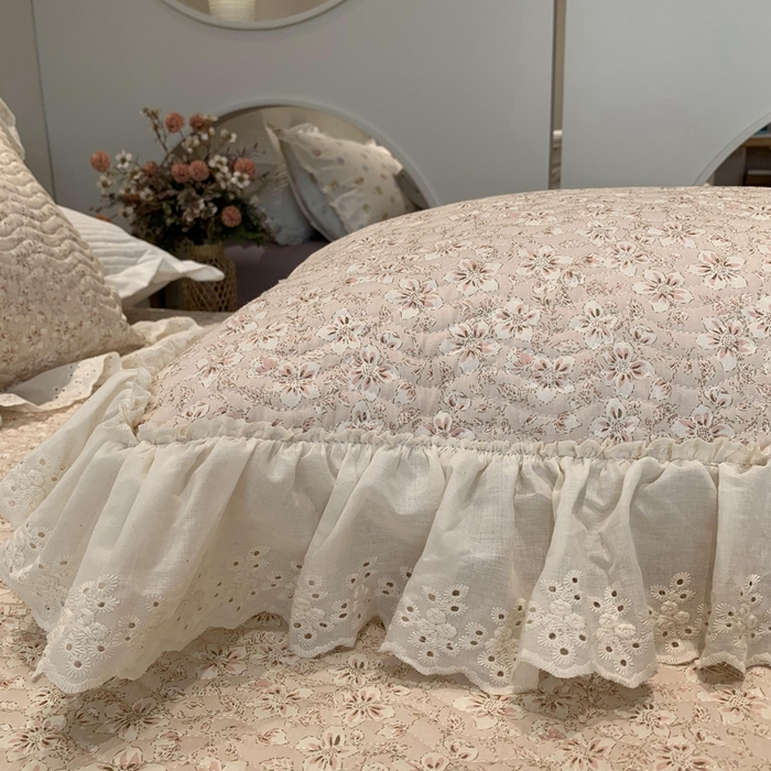 91家纺网 家纺一手货源 找家纺 莱豫家纺 2025春夏新款纯棉全棉花边款床盖三件套 樱花