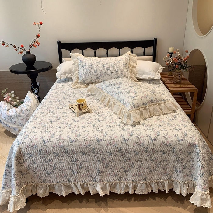 91家纺网 家纺一手货源 找家纺 （总）莱豫家纺 2025春夏新款纯棉全棉花边款床盖三件套