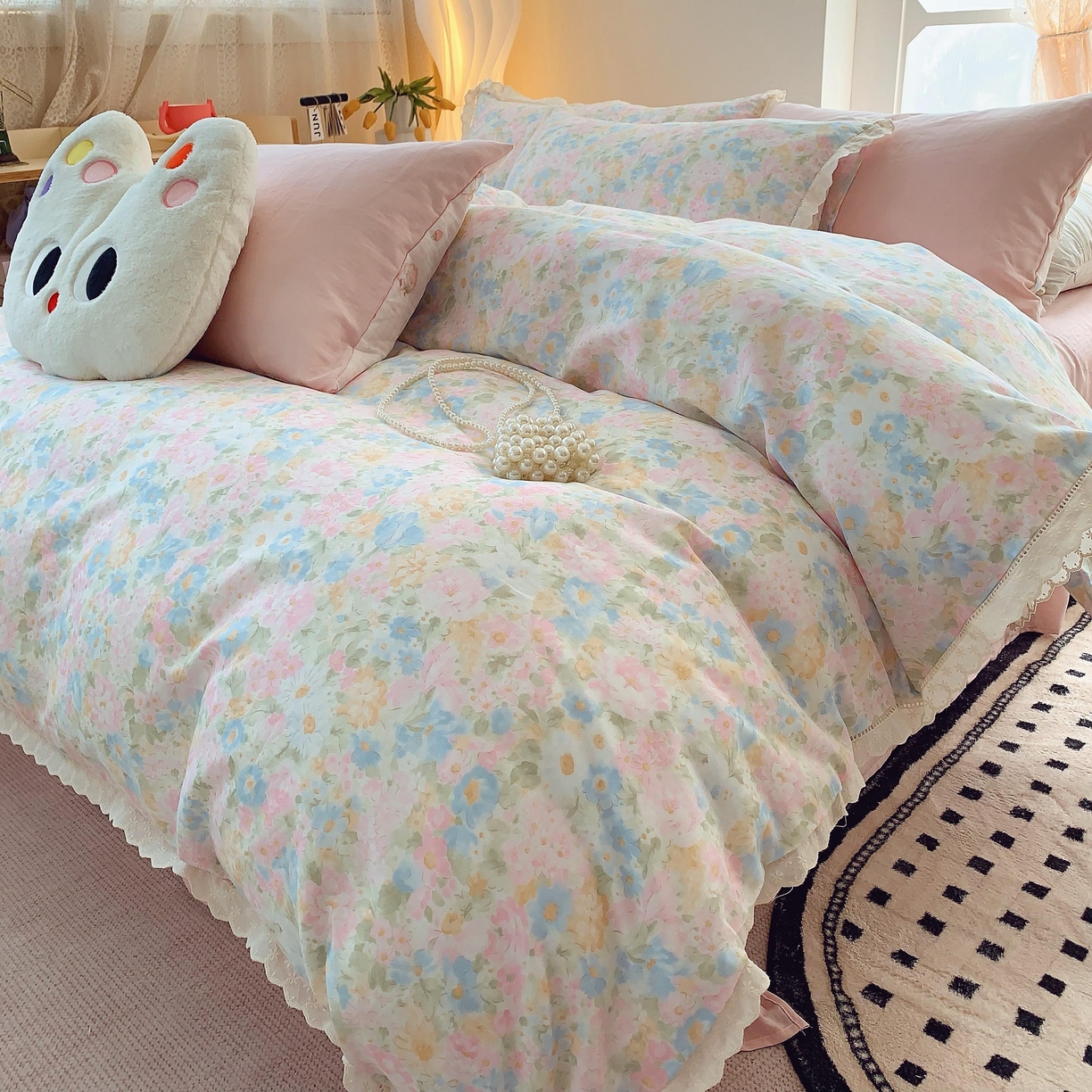 91家纺网 家纺一手货源 找家纺 莱豫家纺 2025春夏新款双层纱花边四件套 花香魅影