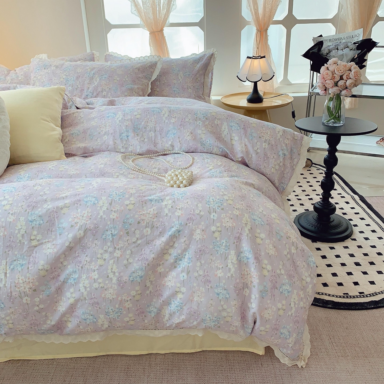 91家纺网 家纺一手货源 找家纺 莱豫家纺 2025春夏新款双层纱花边四件套 花海恋人紫