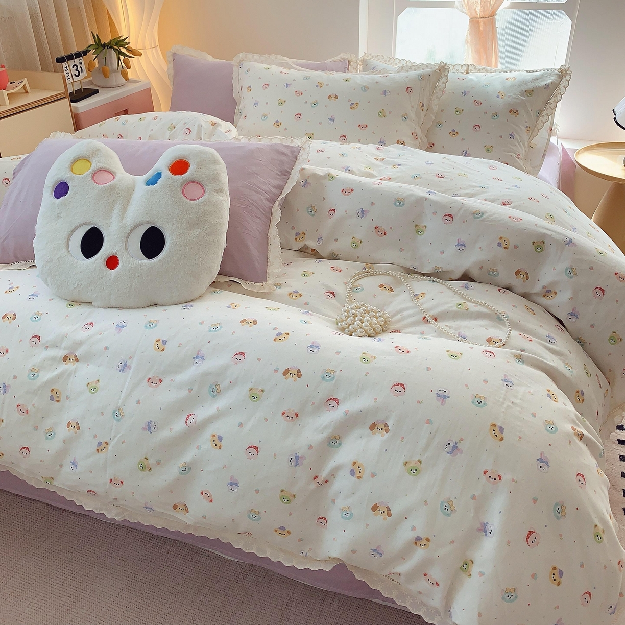 91家纺网 家纺一手货源 找家纺 莱豫家纺 2025春夏新款双层纱花边四件套 涂鸦乐园