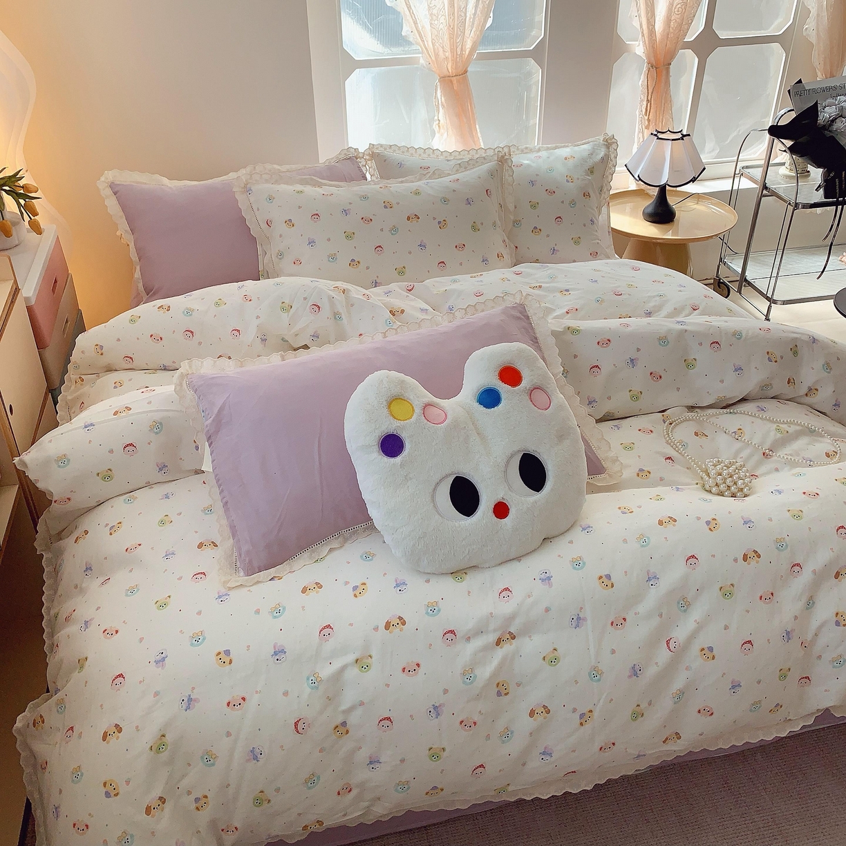 91家纺网 家纺一手货源 找家纺 莱豫家纺 2025春夏新款双层纱花边四件套 涂鸦乐园