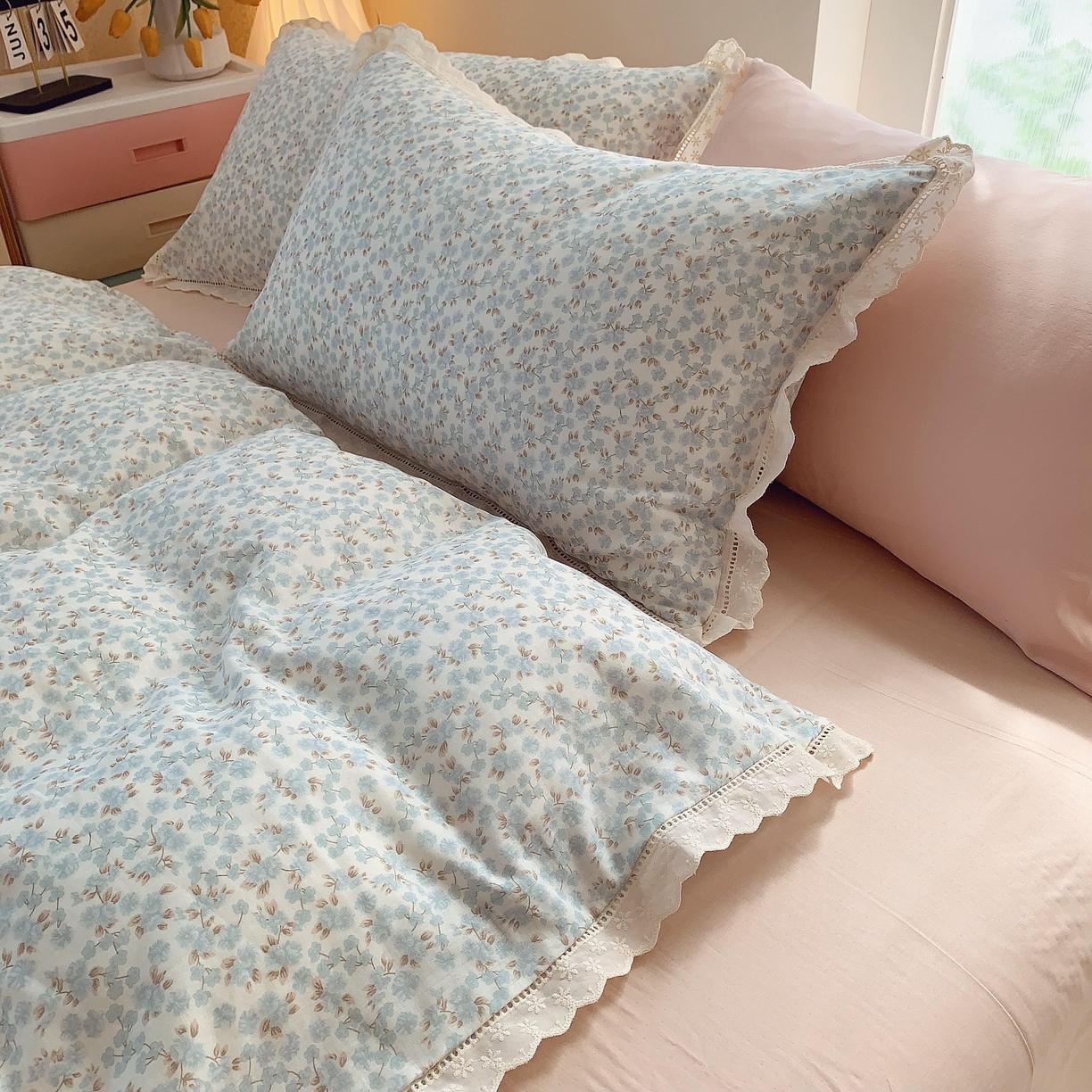 91家纺网 家纺一手货源 找家纺 莱豫家纺 2025春夏新款双层纱花边四件套 秋之寄语兰