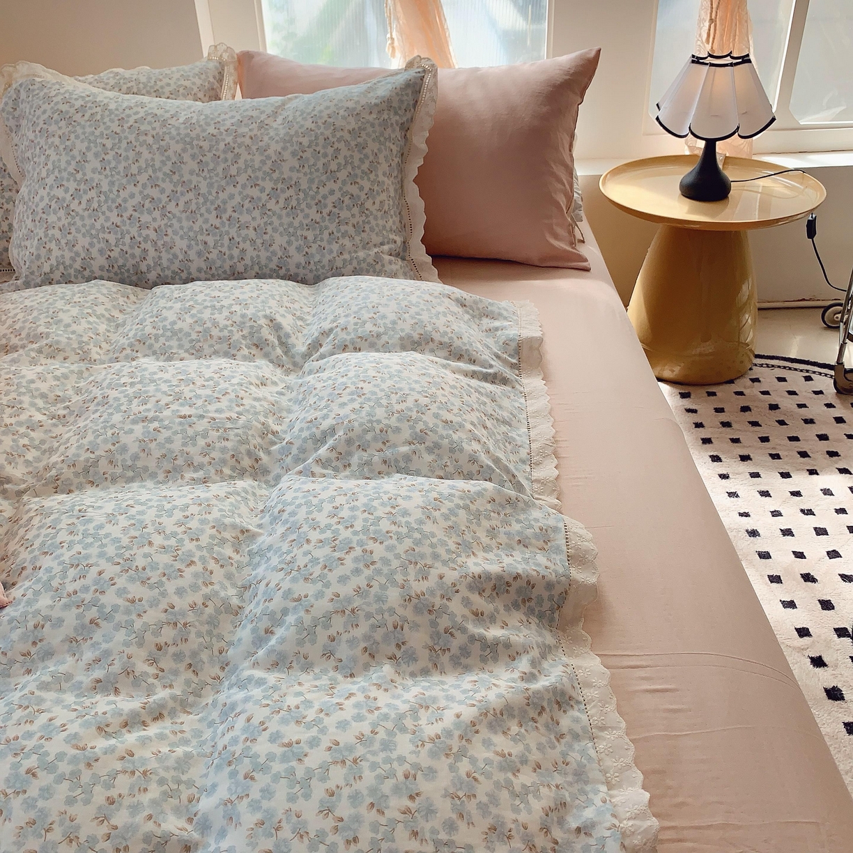 91家纺网 家纺一手货源 找家纺 莱豫家纺 2025春夏新款双层纱花边四件套 秋之寄语兰