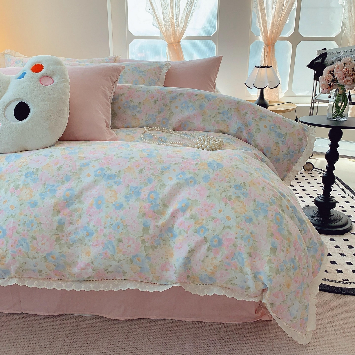 91家纺网 家纺一手货源 找家纺 莱豫家纺 2025春夏新款双层纱花边四件套 花香魅影