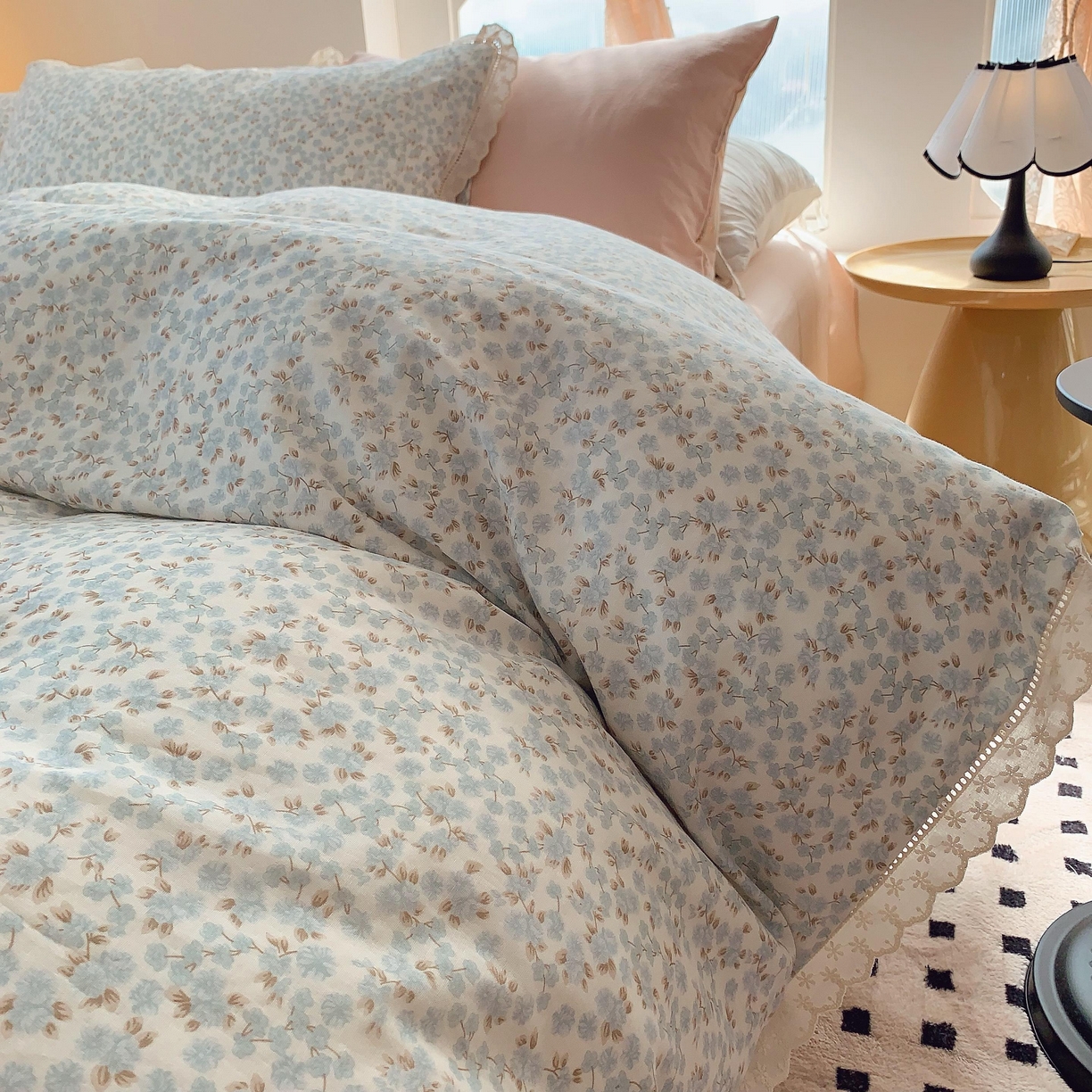 91家纺网 家纺一手货源 找家纺 莱豫家纺 2025春夏新款双层纱花边四件套 秋之寄语兰