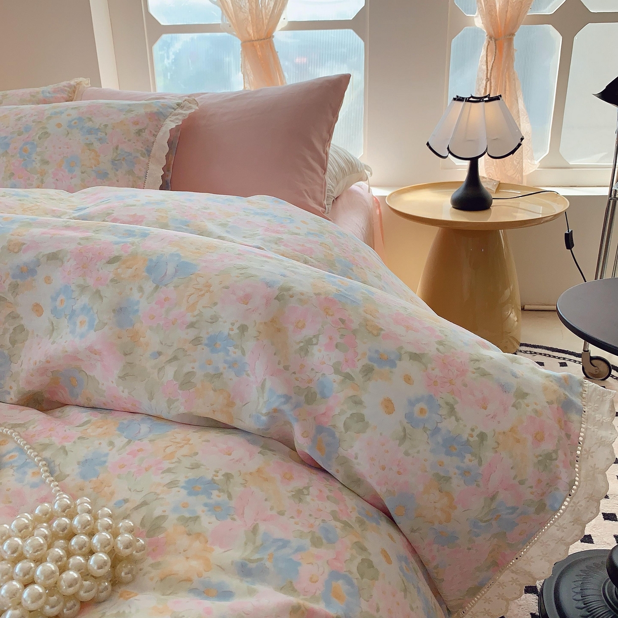 91家纺网 家纺一手货源 找家纺 莱豫家纺 2025春夏新款双层纱花边四件套 花香魅影