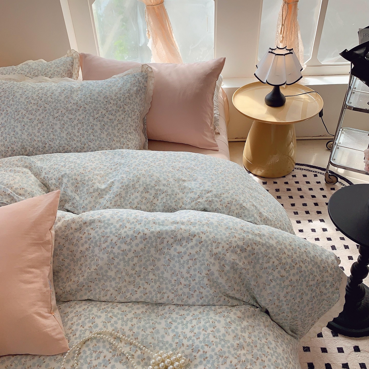 91家纺网 家纺一手货源 找家纺 莱豫家纺 2025春夏新款双层纱花边四件套 秋之寄语兰