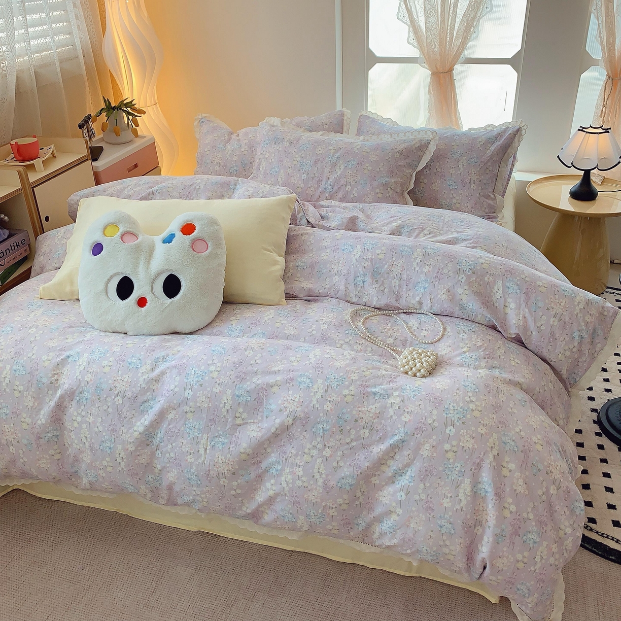 91家纺网 家纺一手货源 找家纺 莱豫家纺 2025春夏新款双层纱花边四件套 花海恋人紫