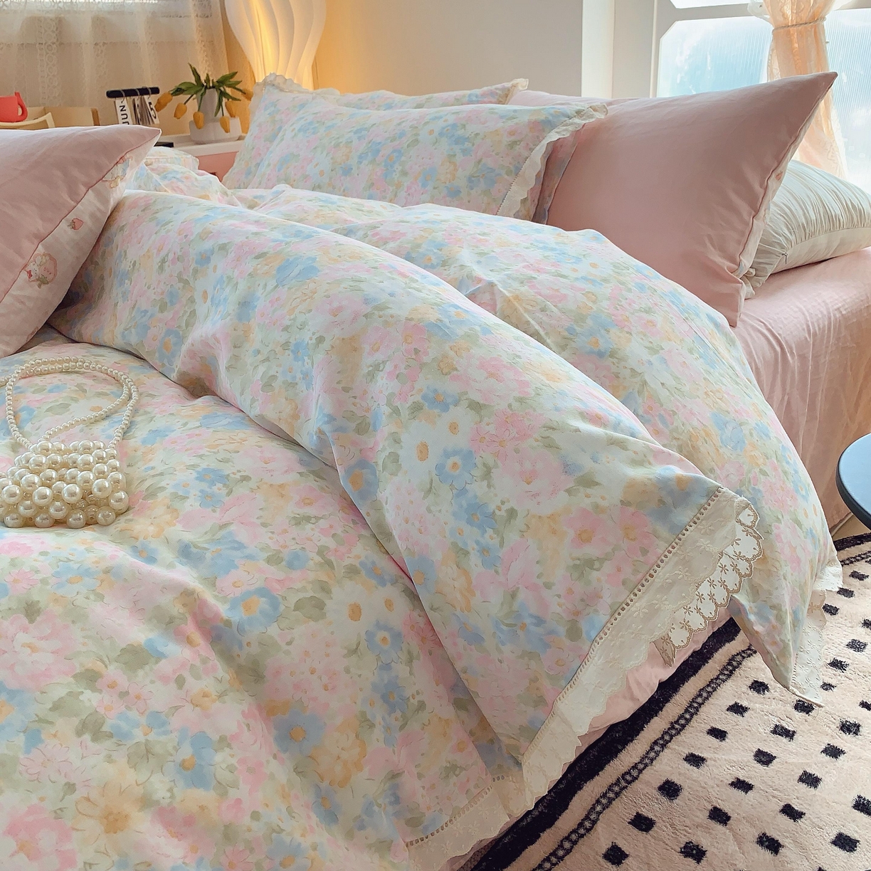 91家纺网 家纺一手货源 找家纺 莱豫家纺 2025春夏新款双层纱花边四件套 花香魅影