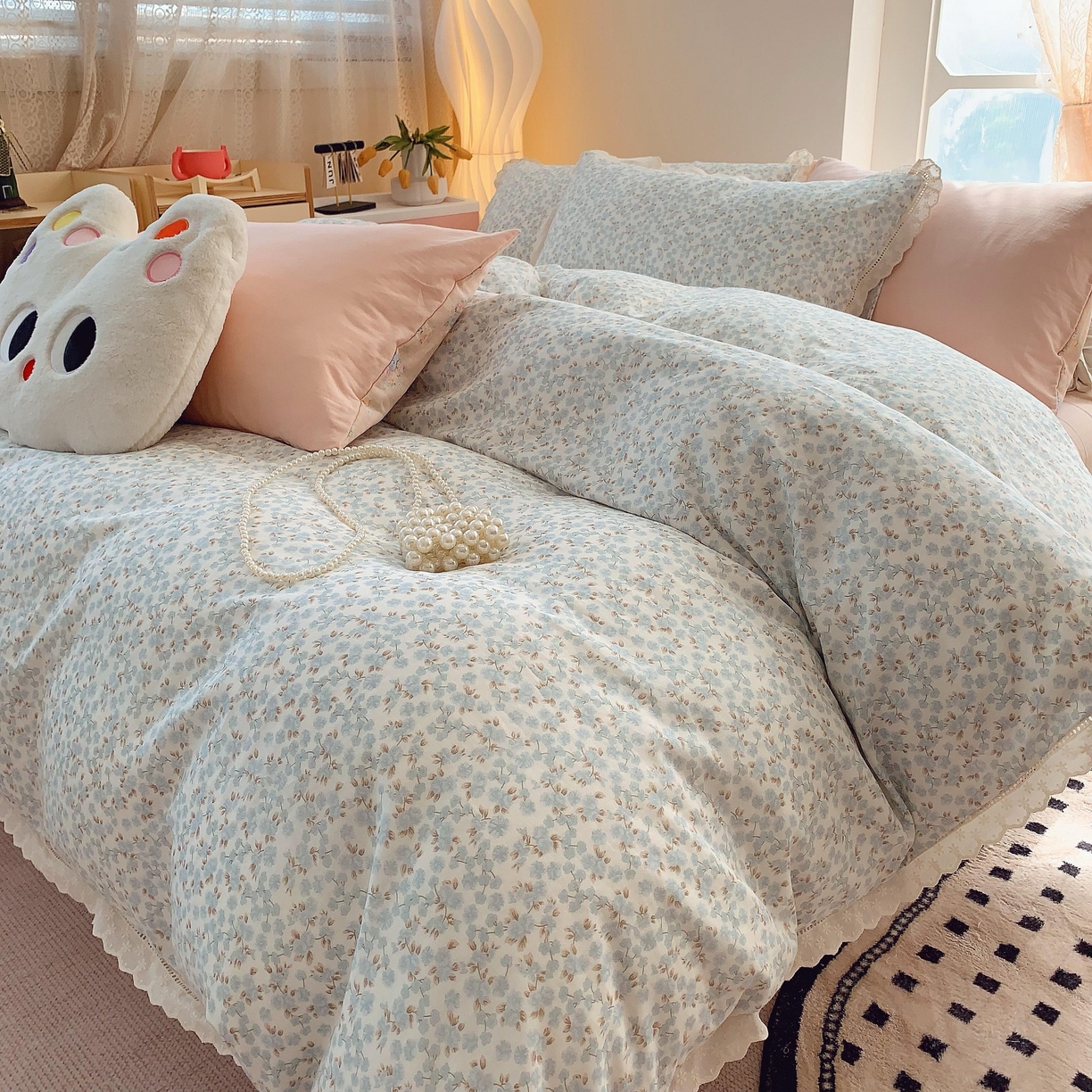 91家纺网 家纺一手货源 找家纺 莱豫家纺 2025春夏新款双层纱花边四件套 秋之寄语兰