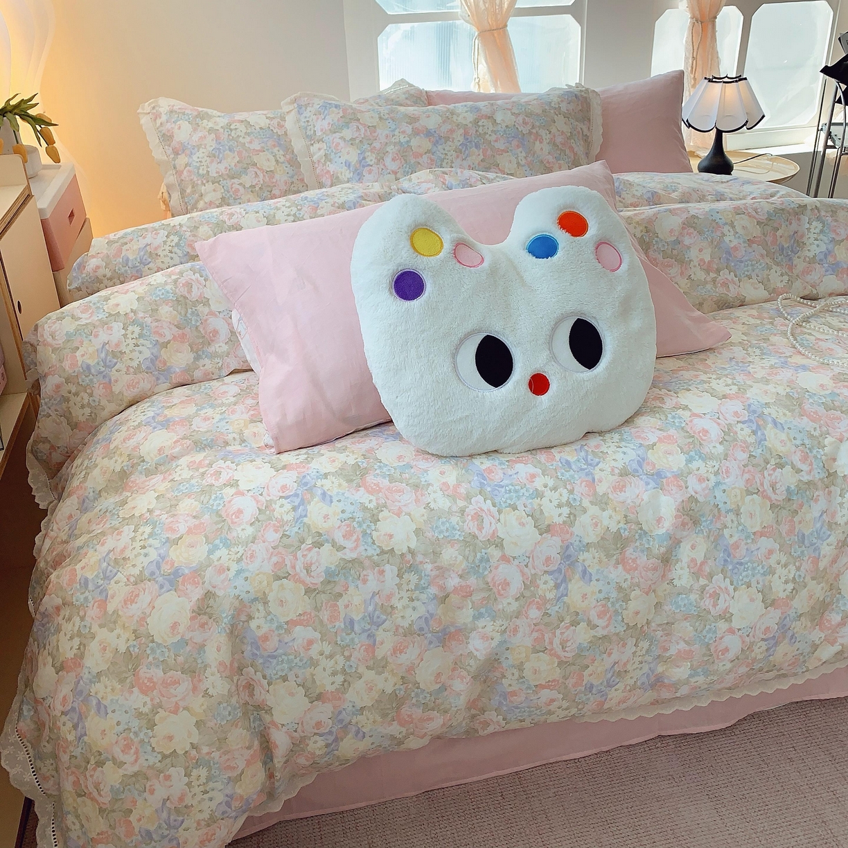 91家纺网 家纺一手货源 找家纺 莱豫家纺 2025春夏新款双层纱花边四件套 暖阳绿意