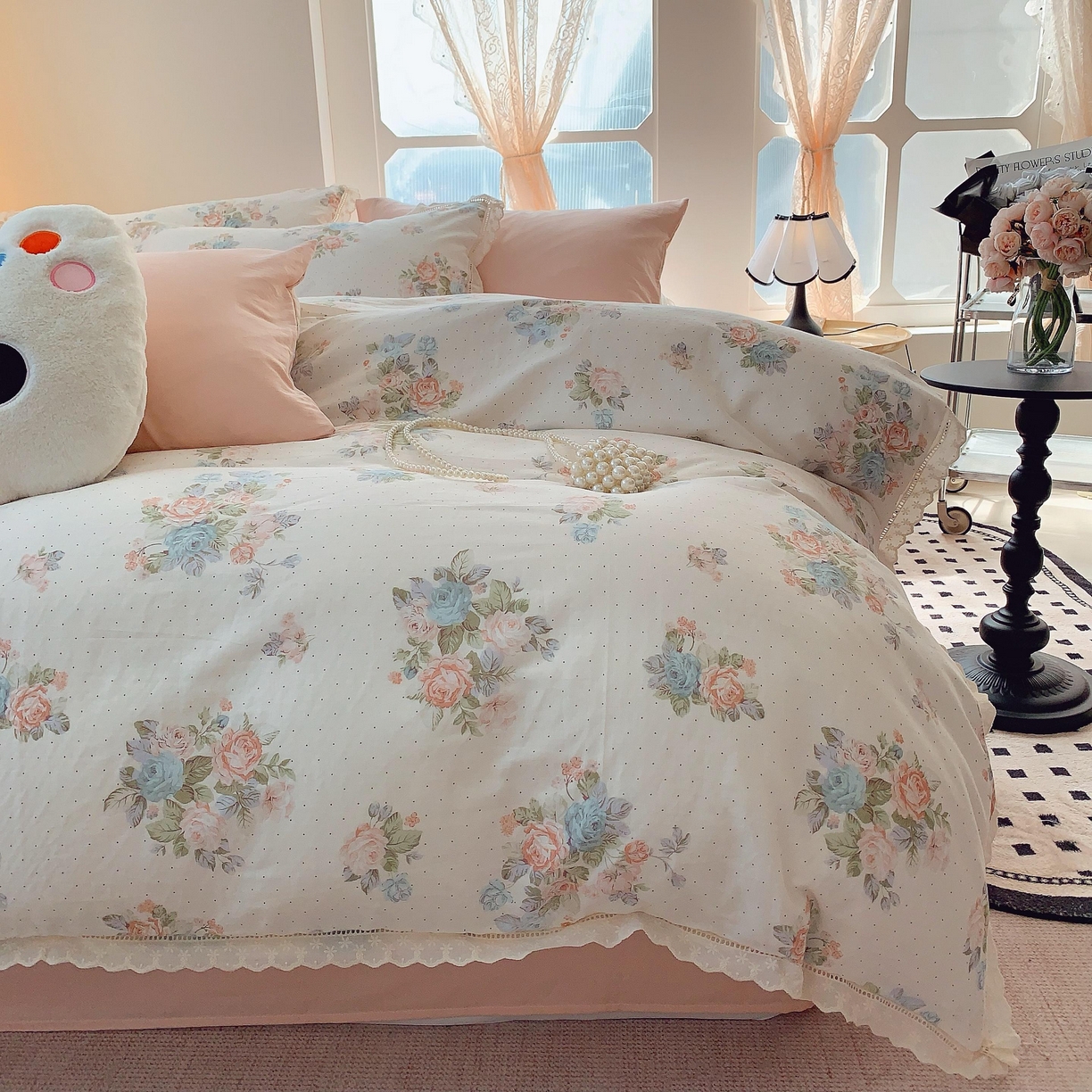 91家纺网 家纺一手货源 找家纺 莱豫家纺 2025春夏新款双层纱花边四件套 花舞轻盈