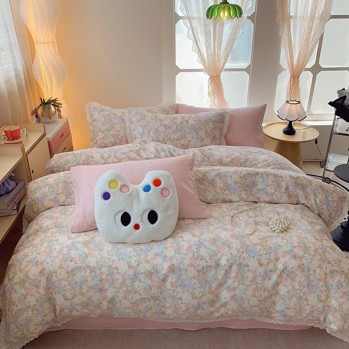 莱豫家纺 2025春夏新款双层纱花边四件套 暖阳绿意