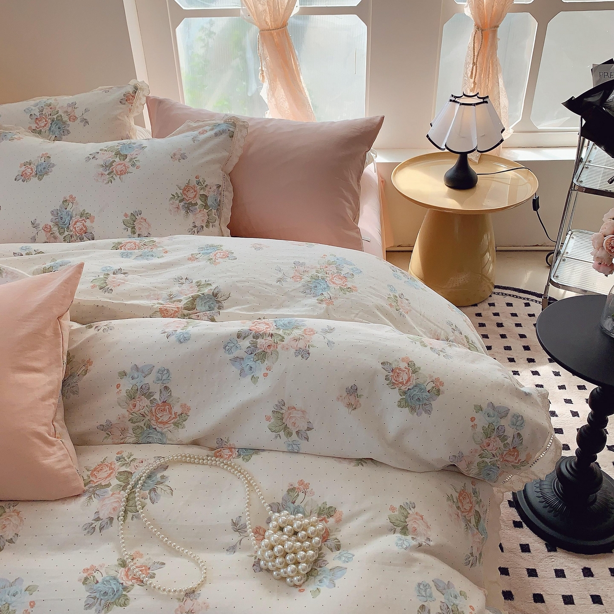 91家纺网 家纺一手货源 找家纺 莱豫家纺 2025春夏新款双层纱花边四件套 花舞轻盈