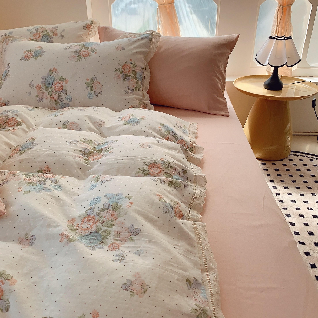 91家纺网 家纺一手货源 找家纺 莱豫家纺 2025春夏新款双层纱花边四件套 花舞轻盈