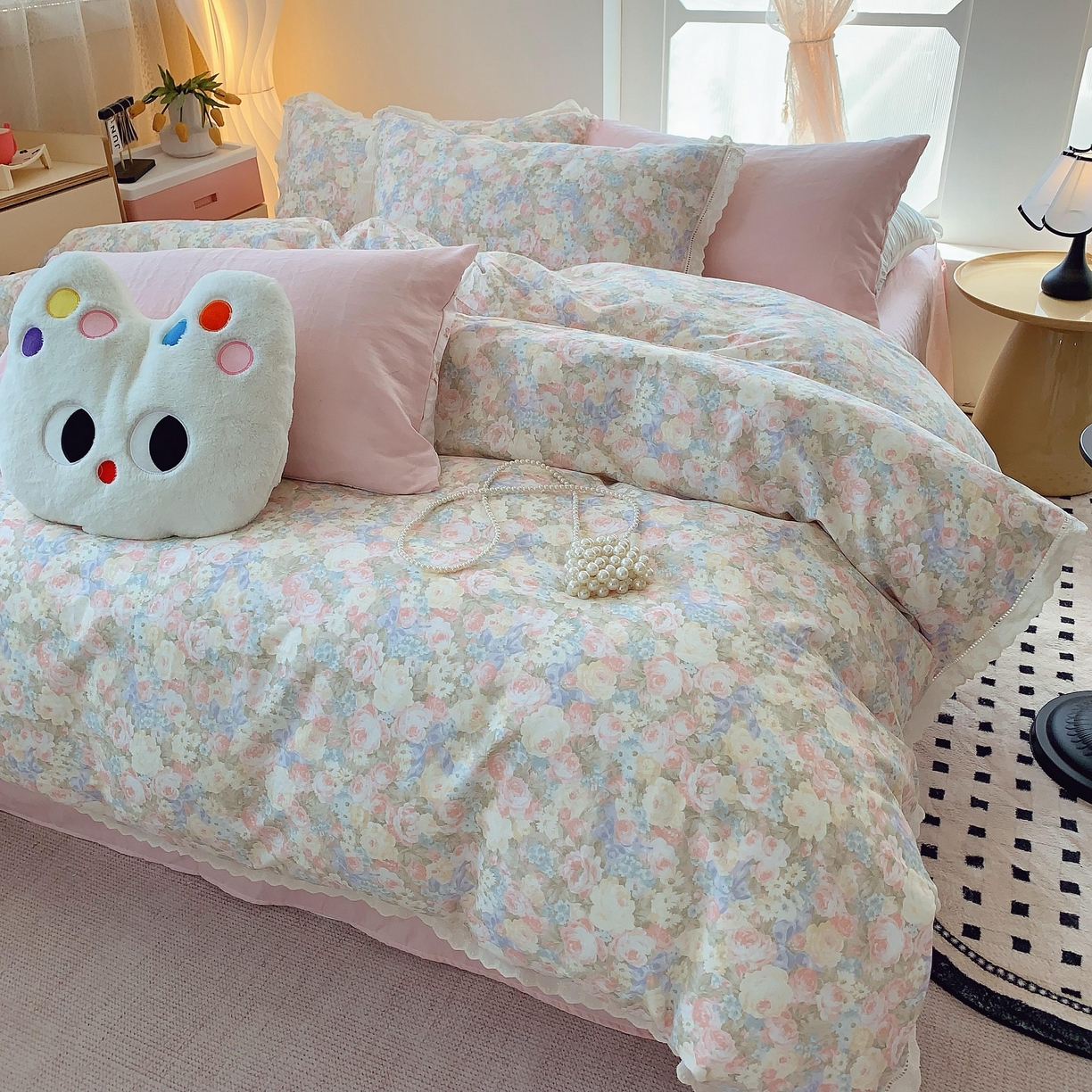 91家纺网 家纺一手货源 找家纺 莱豫家纺 2025春夏新款双层纱花边四件套 暖阳绿意