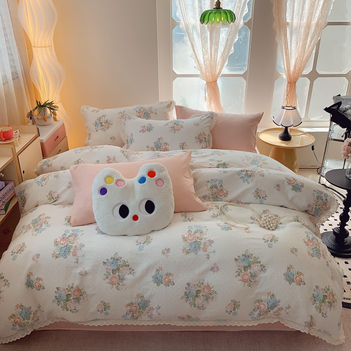 莱豫家纺 2025春夏新款双层纱花边四件套 花舞轻盈