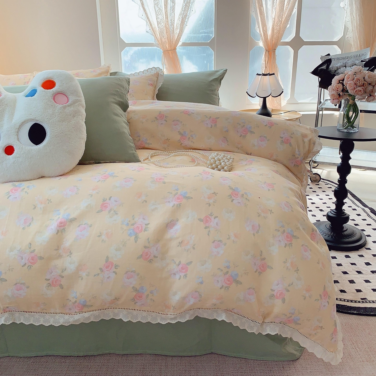 91家纺网 家纺一手货源 找家纺 莱豫家纺 2025春夏新款双层纱花边四件套 月揽千华