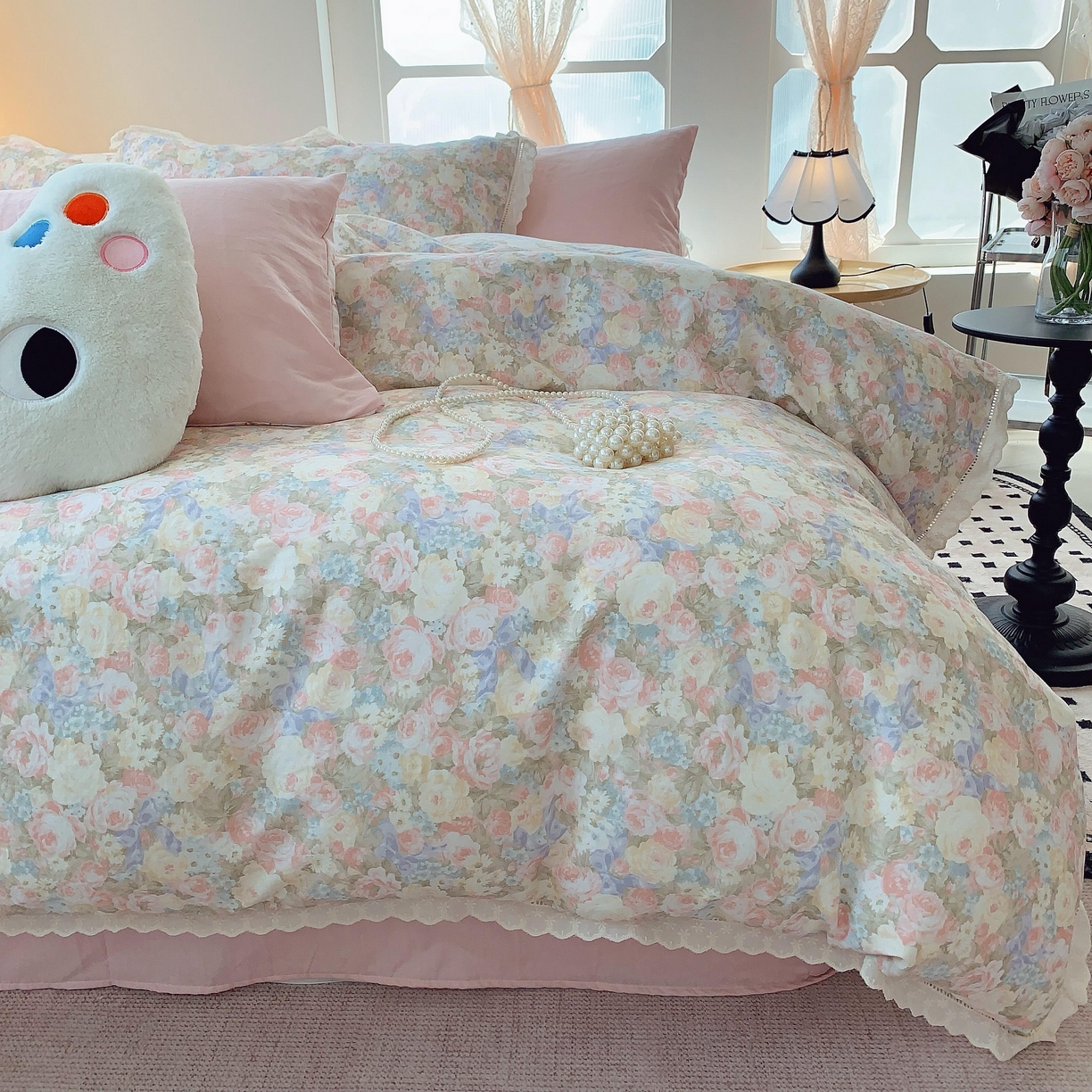 91家纺网 家纺一手货源 找家纺 莱豫家纺 2025春夏新款双层纱花边四件套 暖阳绿意