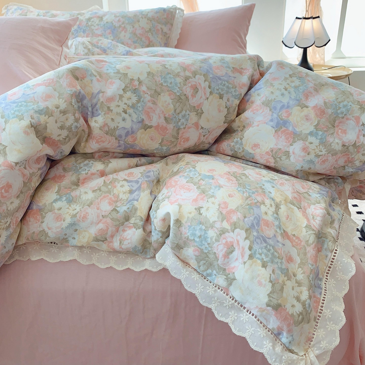 91家纺网 家纺一手货源 找家纺 莱豫家纺 2025春夏新款双层纱花边四件套 暖阳绿意