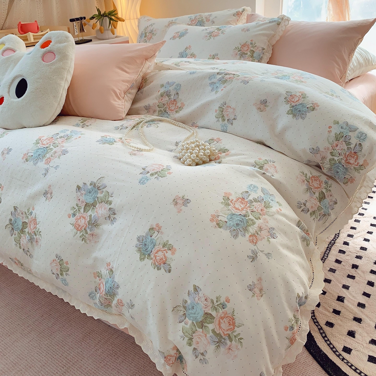 91家纺网 家纺一手货源 找家纺 莱豫家纺 2025春夏新款双层纱花边四件套 花舞轻盈