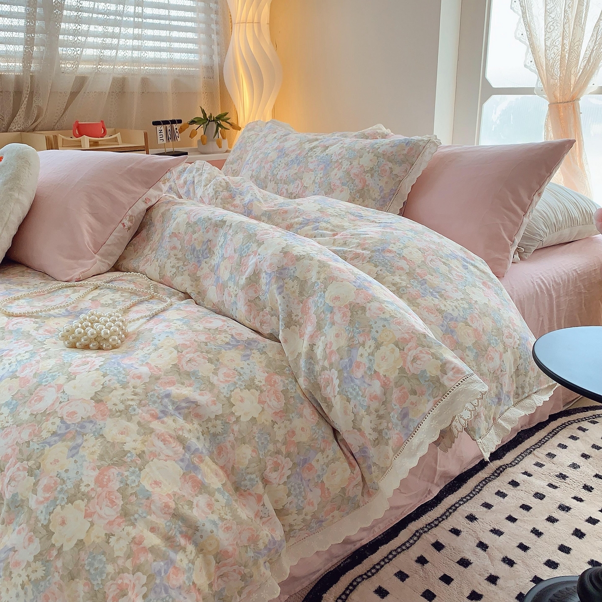 91家纺网 家纺一手货源 找家纺 莱豫家纺 2025春夏新款双层纱花边四件套 暖阳绿意