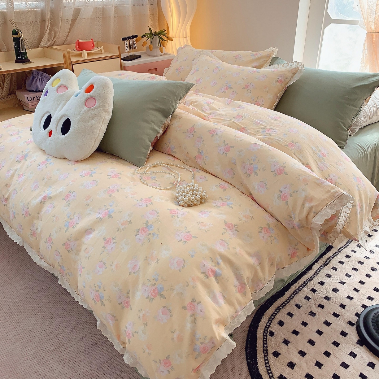 91家纺网 家纺一手货源 找家纺 莱豫家纺 2025春夏新款双层纱花边四件套 月揽千华